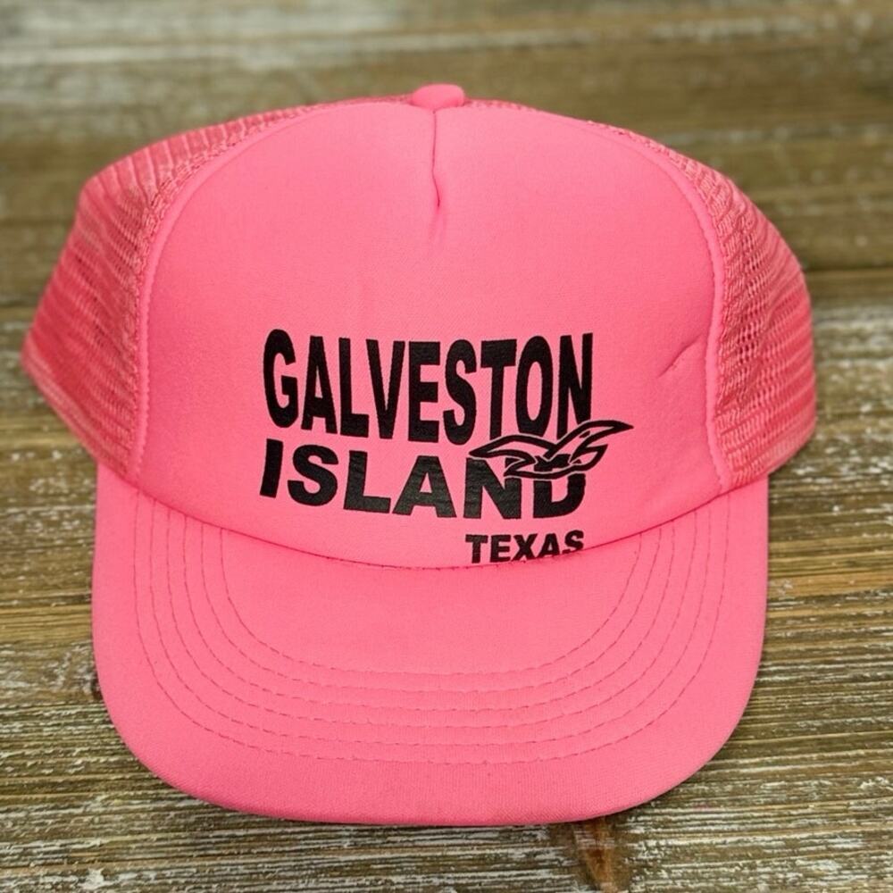 Vintage Trucker SnapBack Hat Galveston Texas Retro‎ 90s Streetwear Neon Pink